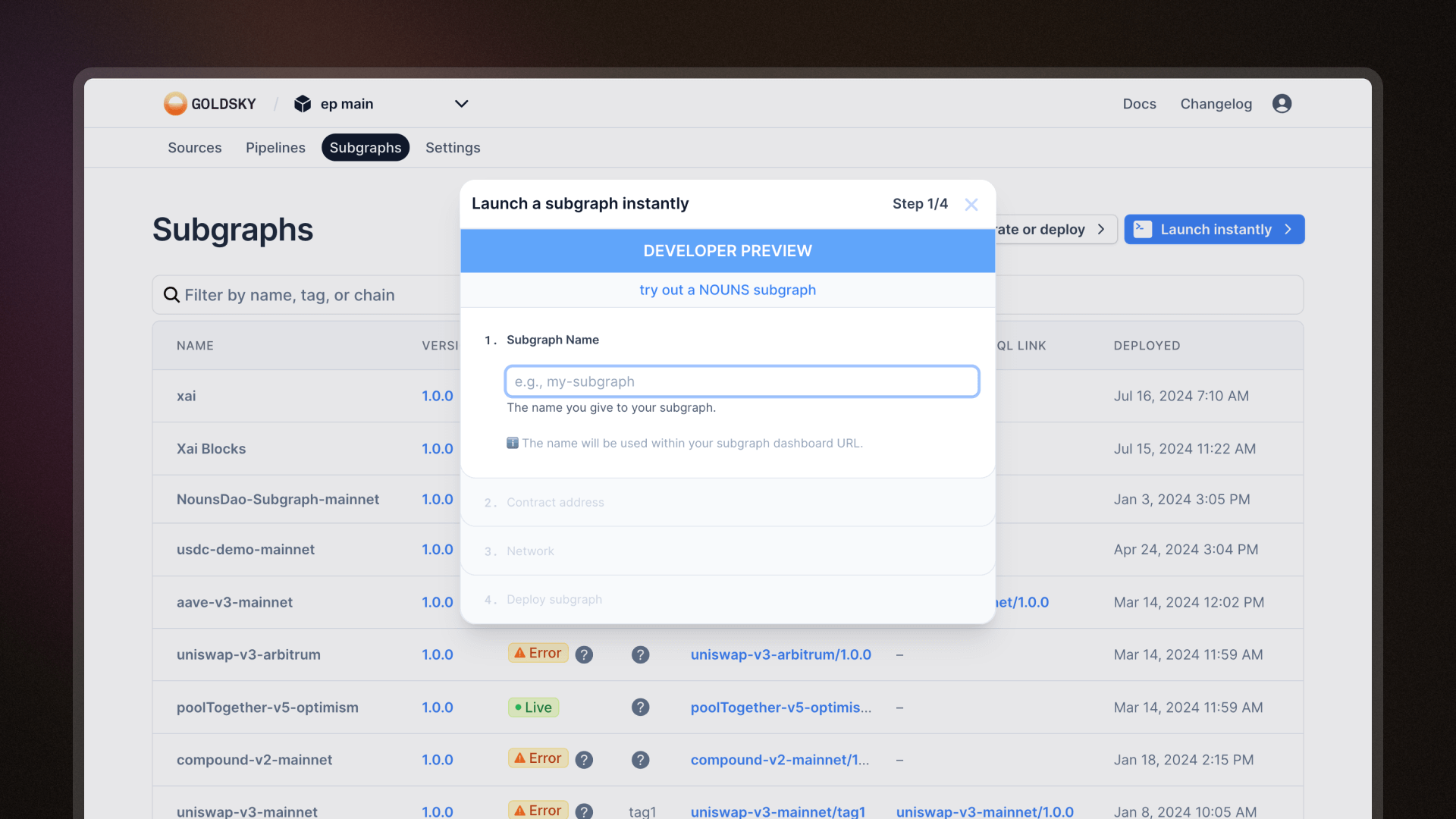 Deploy instant subgraphs in web app